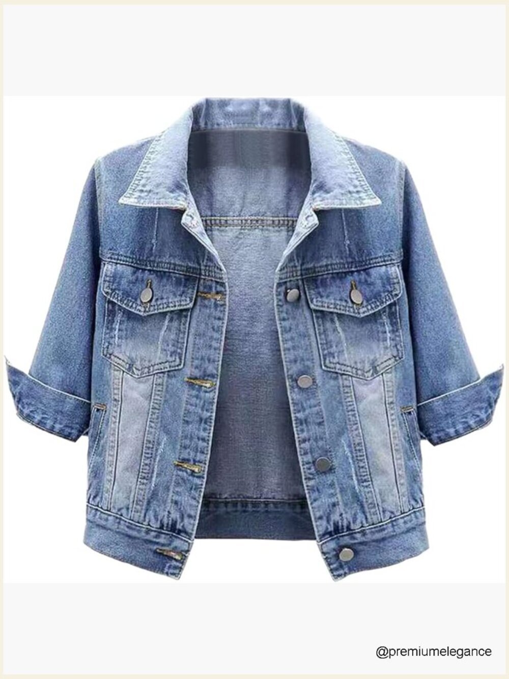 3/4 Sleeve Cropped Denim Jacket Button Down Lapel Trucker with Pockets